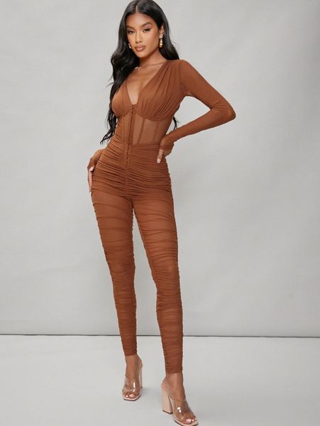 

sheer mesh crop panel ruched jumpsuit a3ie#, White