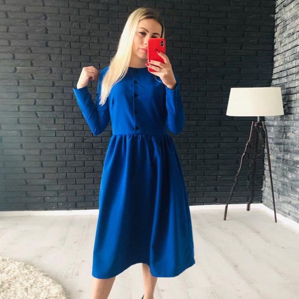 

women casual a line party dress ladies long sleeve crew neck sping 2021 fashion midi solid button vestidos dresses, Black;gray