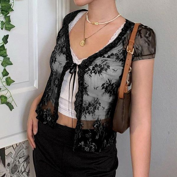 

women summer casual lace see-through crop fashion short sleeve tie up floral pattern cardigan daily vacation black brown women's t-shi, White