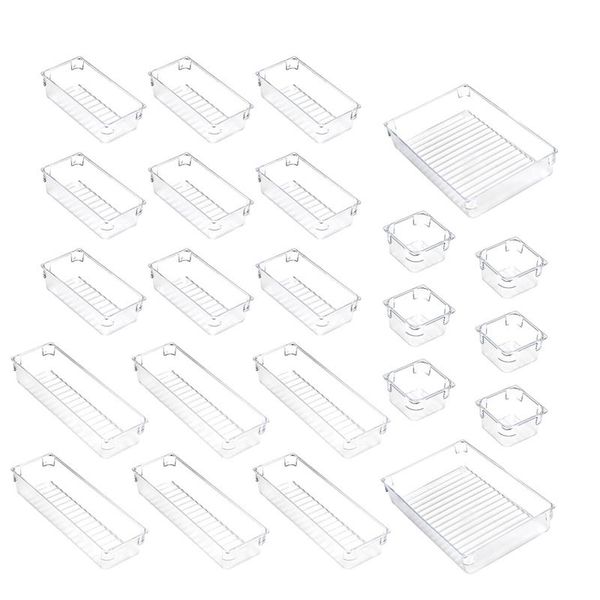 

set of 23 desk drawer organiser trays with 4-size clear plastic storage boxes divider make-up for office bags