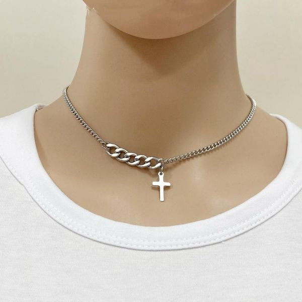 

pendant necklaces silver color cross stainless steel pendants for women man choker cuban link chain jewelry femme bijoux collares 36+5cm