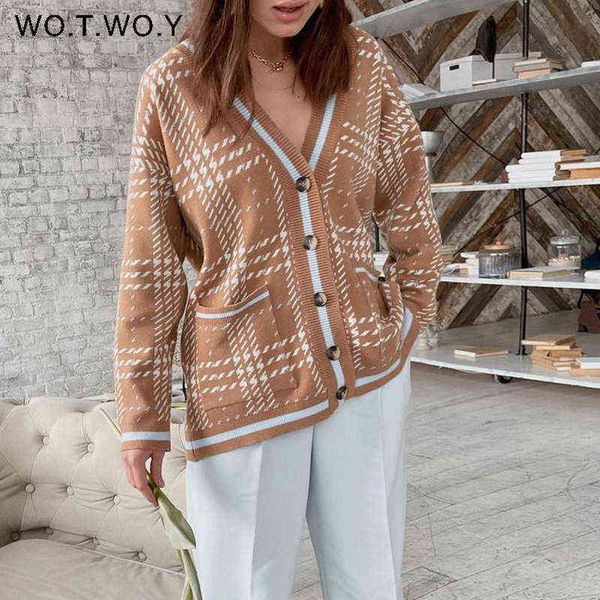 

wotwoy jacquard knitted v-neck cardigan women autumn winter buttons-up loose printed sweater female kimono cardigans knit 211217, White;black