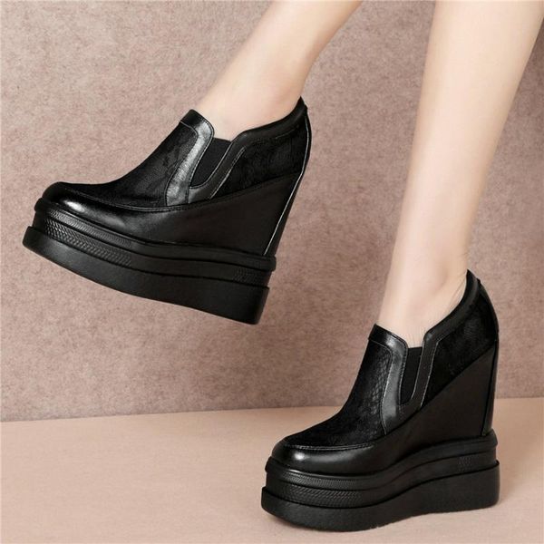 

boots summer punk pumps shoes women genuine leather wedges high heel ankle female breathable lace fashion sneakers casual, Black