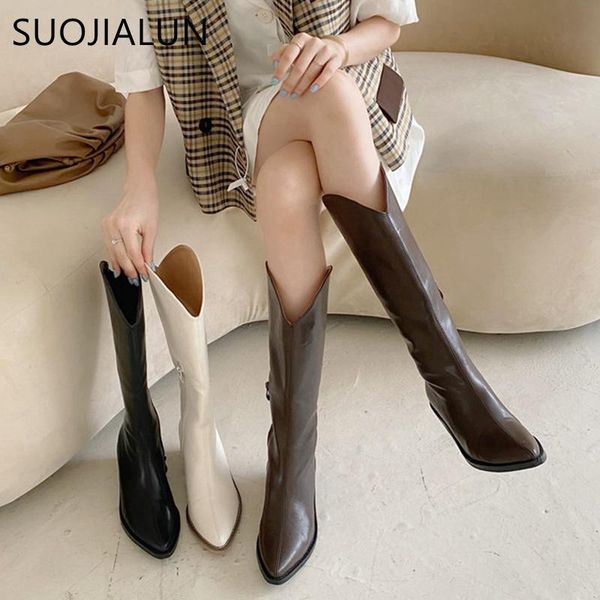 

boots suojialun 2021 fashion women knight square low heel pointed toe knee-high western, Black