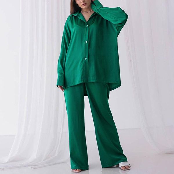 

women's two piece pants stain long sleeve shirt trousers suit 2021 autumn turn-down collar buttons shirts 2 set female casual fashion, White