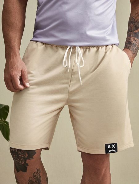 

extended sizes men drawstring waist patch detail shorts b29h#, Black