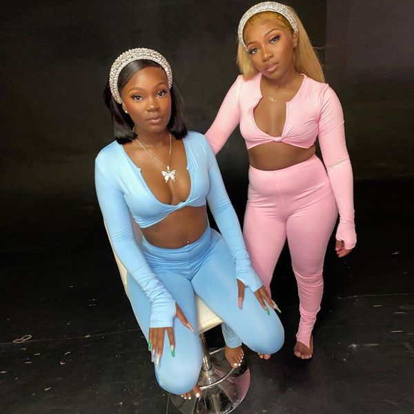 

fitness solid twist tracksuit womens tracksuits v neck long sleeve crop with leggings bodycon two piece low set, Gray