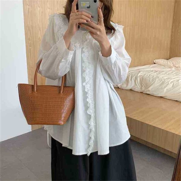 

white retro loose all match chic brief gentle patchwork lace stylish female vintage shirts women blouses 210525