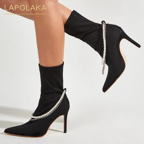

boots 2021 fashion thin high heels stretch woman shoes metal chains ins cool trendy dropship party ladies, Black