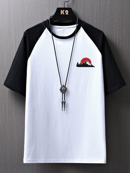 

men sun & mountain print contrast raglan sleeve tee l7oc#, White;black