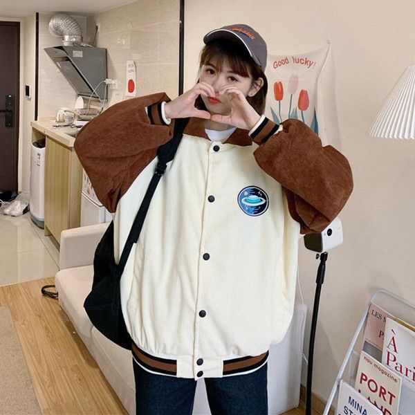 

women's jackets spring autumn stitching color corduroy baseball jacket harajuku single-breasted lapel womens preppy style coat women, Black;brown