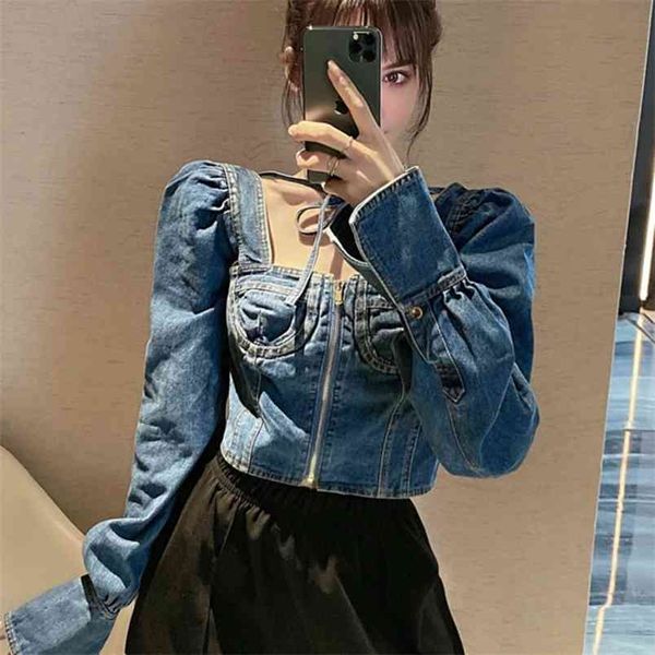 Estilo Coreano Mulheres Casual Streetwear Calças de Jeans Camisa Quadrado Collar Zipper Manga Comprida Crop Top Denim Backless Lace Up Blusa 210514