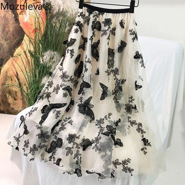 

skirts mozuleva 2021 spring summer women elegant bow embroidery gauze high waist big swing skirt korean cute long, Black