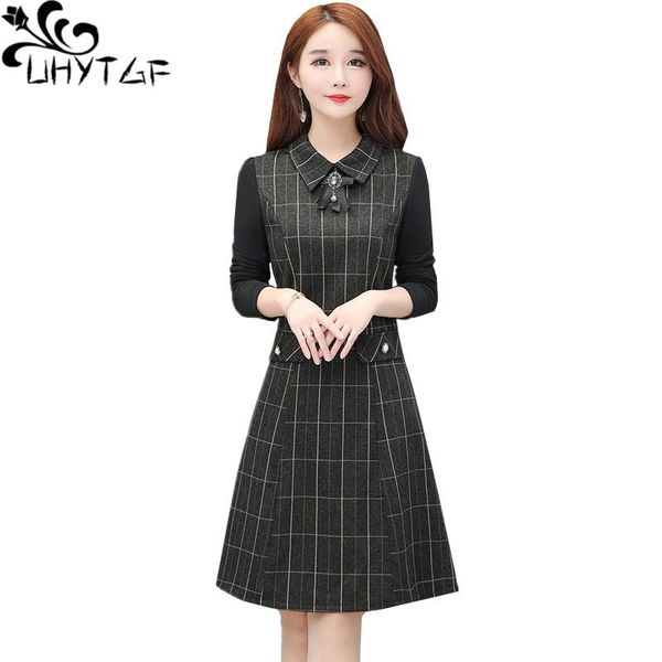 

casual dresses uhytgf 4xl dress womens fashion splicing fake two pieces spring autumn woolen plaid long sleeve elegant female 699, Black;gray