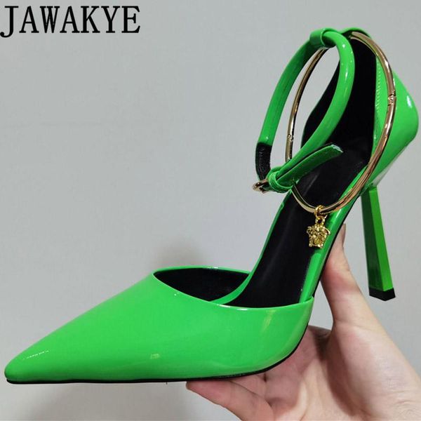 

dress shoes pointy toe slim high heel women ankle buckle design shiny leather pumps summer party mujer, Black