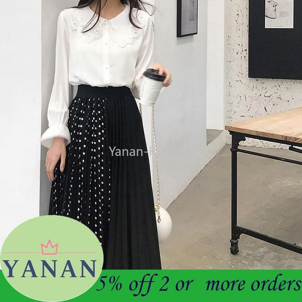 

yanan women skirts long korean pleated female plus-size elascity high-waist vintage wave point splicing chiffon big skirt, Black