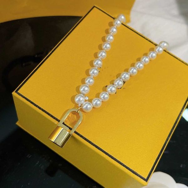 

european and american lock pearl letter necklace three-dimensional retro wild clavicle chain female high-quality fast delivery, Silver