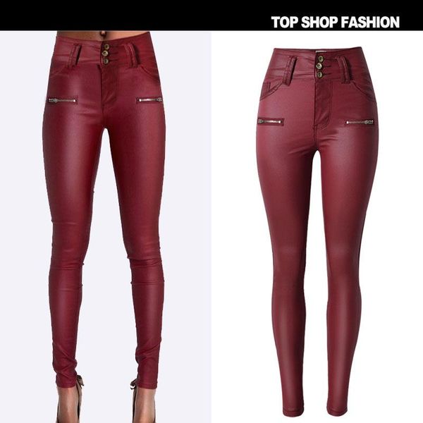 

of tall waist foot 3 button cultivate morality pants pu imitation leather zipper wine red coating have big yards women's jeans, Blue