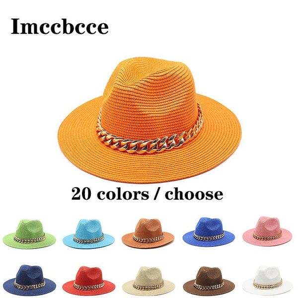 

wide brim hats 20 colors fashion sun hat summer straw casual panama beach with chain temperament retro jazz caps fedoras fisherman cap, Blue;gray