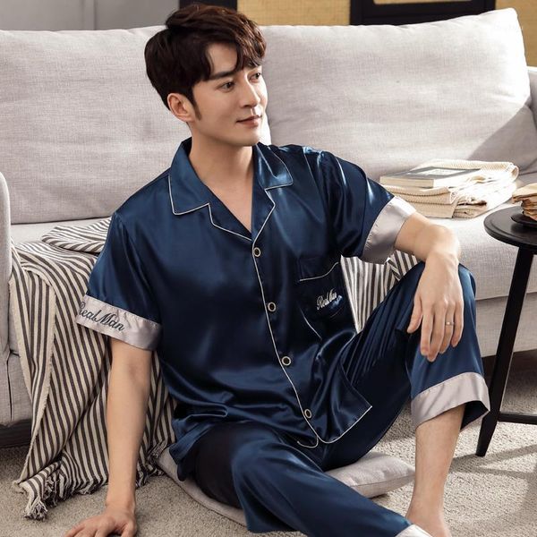 

summer pajamas for men silk sleepwear suit satin short +long pants two pieces set mens pyjama loose plus size male nightwear men's, Black;brown
