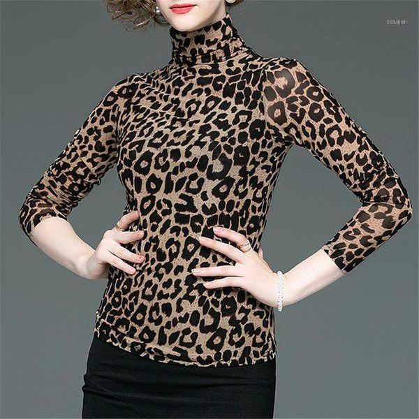 

women's spring autumn style blouse shirt slim leopard turtleneck long sleeve casual mesh sp1353 blouses & shirts, White