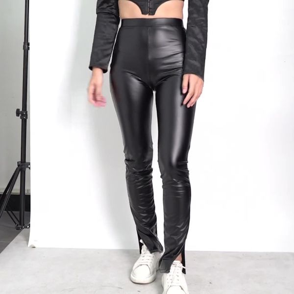 

women's leather pants tight casual leg split cm385, Black