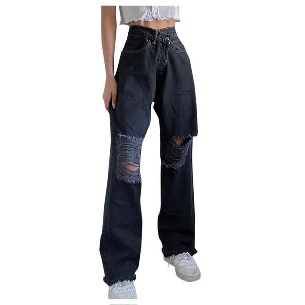 

women's pants & capris fashion high waist jeans 2021 women streetwear ripped hole casual straight denim leg trousers, Black;white