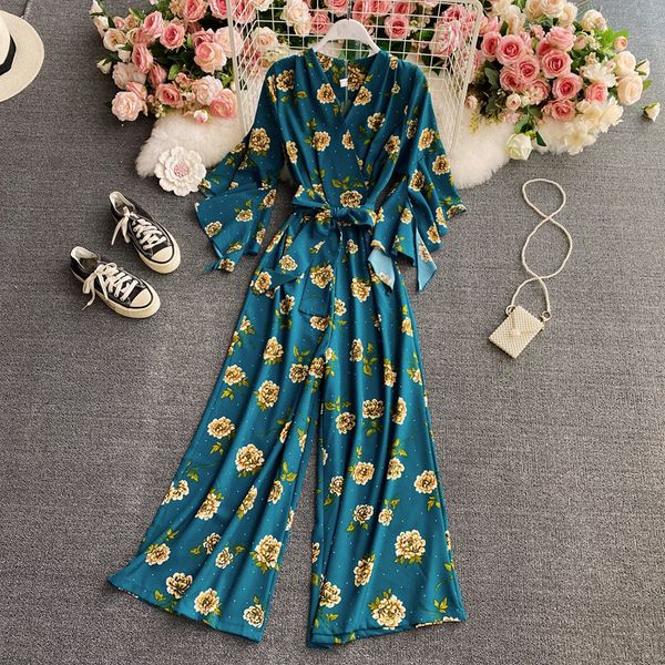 

fashion elegant retro flared sleeves waist printed ruffles romper women jumpsuit fashion wide-leg straight for 210420, Black;white