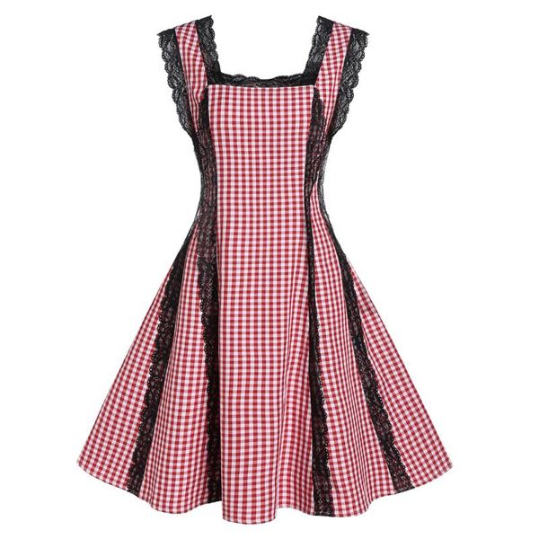 

casual dresses elegant plaid print lace panel women retro dress summer sleeveless vintage audrey hepburn 60s ladies vestidos plus size, Black;gray