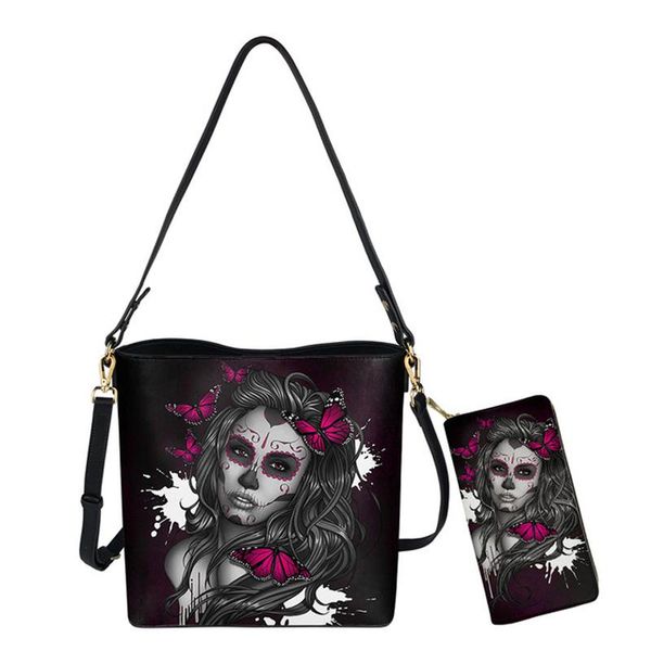 

evening bags gothic girls 3d print leather women's handbag set female travel shoulder bucket bag with wallet ladies messenger 2021
