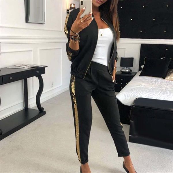 

70% sell 2pcs jogging womens pants suit sequins patchwork tracksuits sweatshirt coat set, White