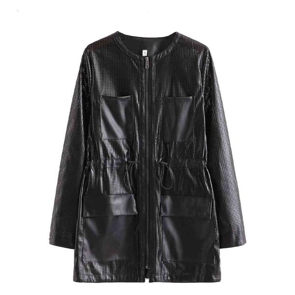 

jackets women jacket faux leather hollow out pockets elatic waist long sleeves coat fashion outerwear manteau veste femme, Black;brown