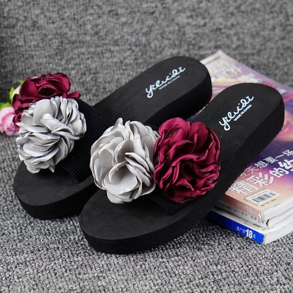 

fashion female summer slippers handmade flowers thick non-slip flip-flops leisure beach sandals wnh-1732-1, Black