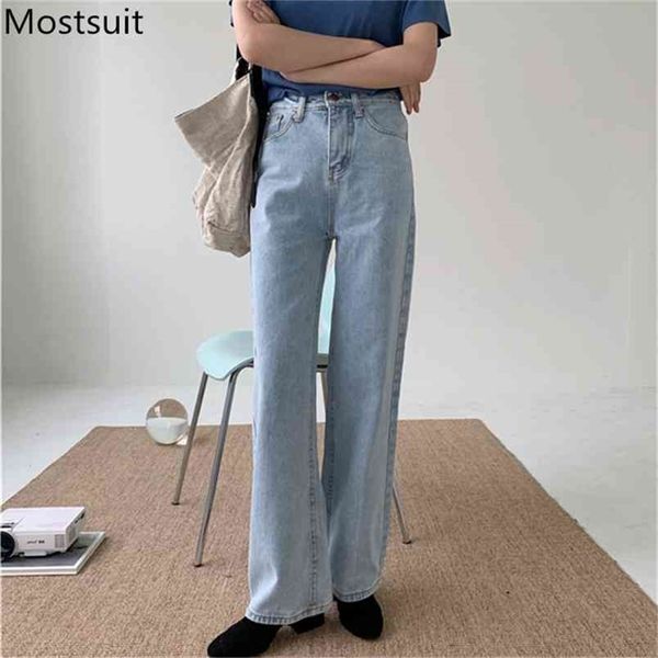 

korean high waist wide leg cotton denim jeans pants women solid fashion buttons fly full length trousers basic casual 210513, Black;white