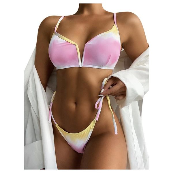 

one-piece suits pink tie dye print swimsuits for women high cut push up padded bra swimwear string thong panties beachwear bather biqui