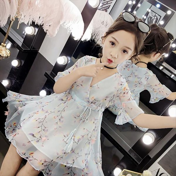 

girls summer children casual floral girl dress chiffon baby princess 10 12 years childrens clothing clothes, Red;yellow