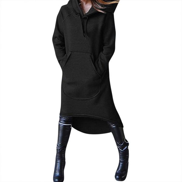 

women plus size cashmere hooded long asymmetrical pullover hoodies with pocket pure color irregularity sweatshirt hoody hoodie, Black