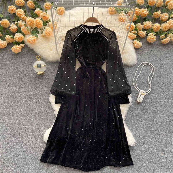 

casual dresses female retro velvet dress elegant design diamonds party fashion fall line streetwear long ekmz, Black;gray