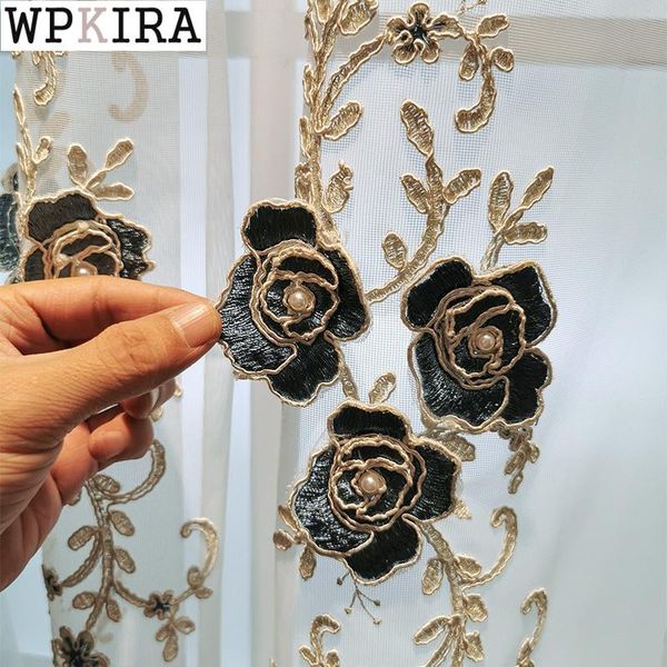 

romantic luxury french pearls 3d rose curtain for living room embroidery sheer drape tulle fabric window velvet bottom s315#c & drapes