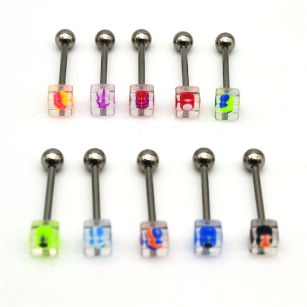 Klare, quadratische Zungenpiercing, gerade Barbell-Ringe, modisches Piercing, Jeweley, gemischte Farben, ganzes 14G-Chirurgenstahl