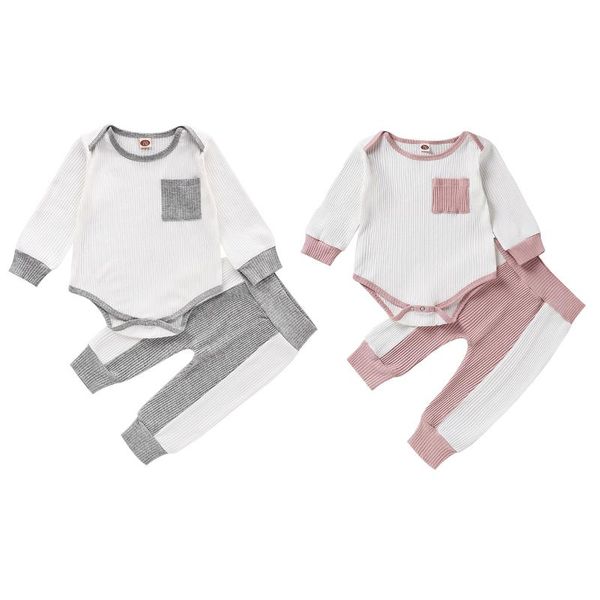 

clothing sets 0-24m baby girls boys autumn outfits o-neck long-sleeves ribbed romper + pants for 0-2 years, White
