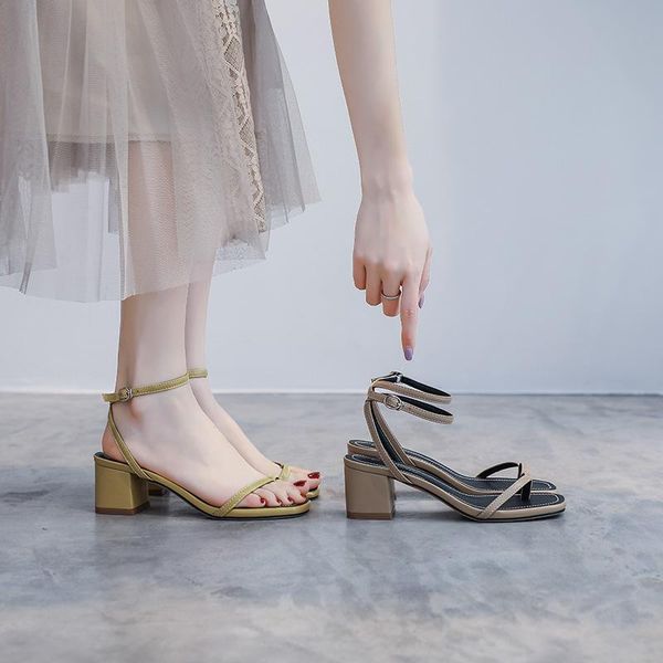 

sandals female sandal buckle 2021 summer black shoes for women med all-match high heels girls beige strap comfort medium fashion hig