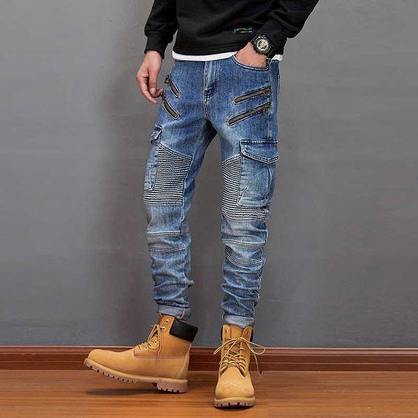 

american streetwear fashion men jeans retro blue spliced designer slim fit biker hip hop big pocket denim cargo pants