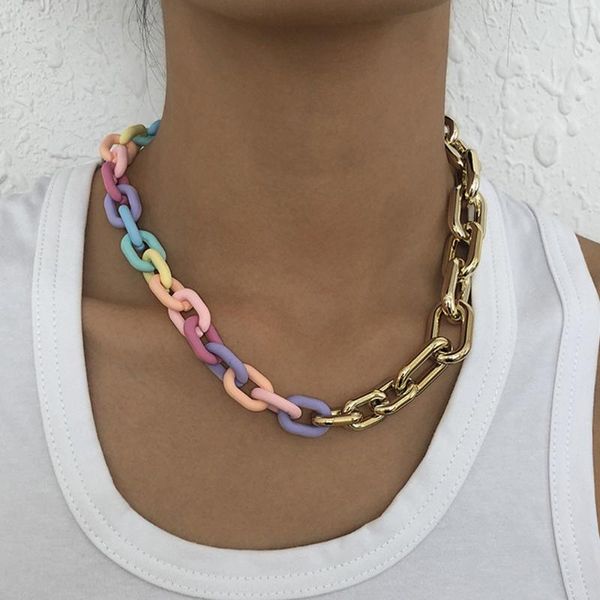 

chokers boho rainbow acrylic chunky chain necklaces colorful thick choker for women cute candy color party gift jewelry, Golden;silver