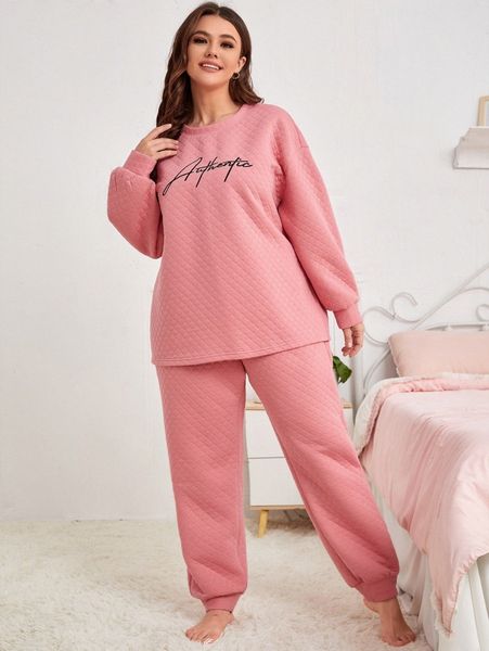 

plus letter graphic drop shoulder & pants pj set 17i5#, Black;white