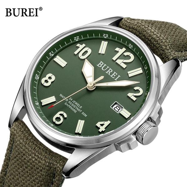 

wristwatches burei brand men fashion automatic watch waterproof sapphire mechanical man wristwatch casual canvas strap relogio masculino 202, Slivery;brown