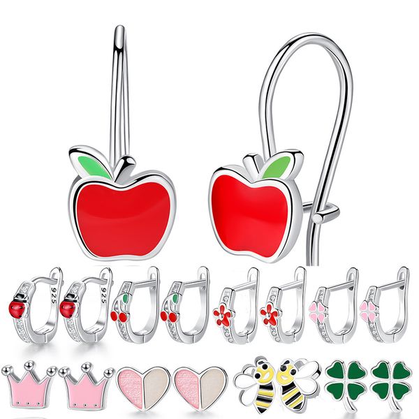 Doce bonito vermelho esmalte maçã maçã para crianças crianças meninas 925-esterlinas brincos de prata jóias presente de Natal