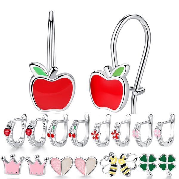 

sweet cute red enamel apple stud for kids children girls 925-sterling silver earrings jewelry christmas day gift, Golden;silver