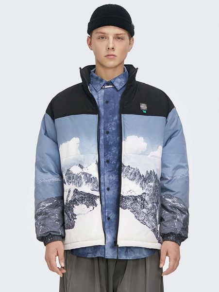 

men snow mountain print color block puffer jacket i8su#, Black;brown