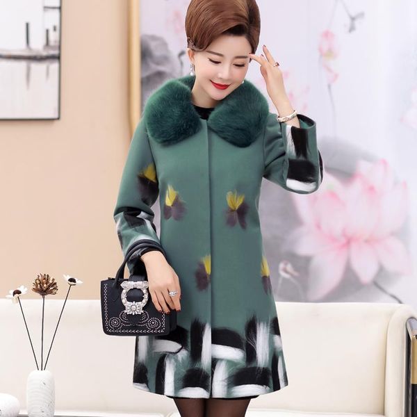 

women's wool & blends plus size 5xl fashion embroidery fur collar thicken coats middle-aged winter woolen jacket mother outerwaer gx153, Black
